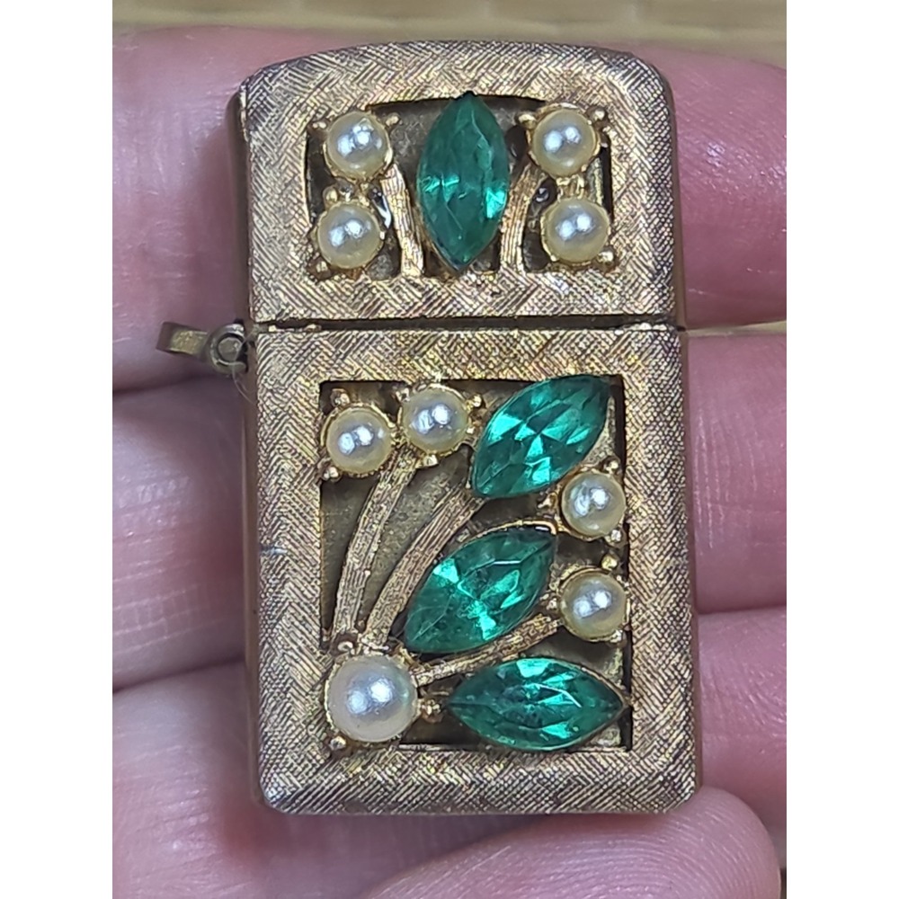 Vintage Sam Fink Jeweled Pendant Necklace Lighter Rhinestone Pearl Japan SF Co